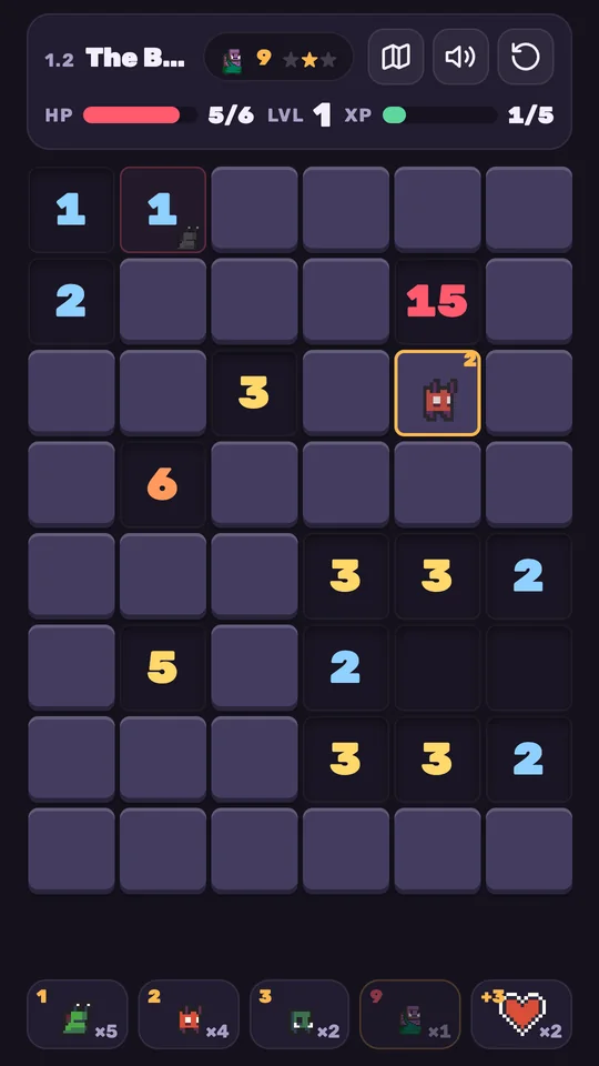Monstrosweeper board: glowing numbers around closed tiles, HP and level on top