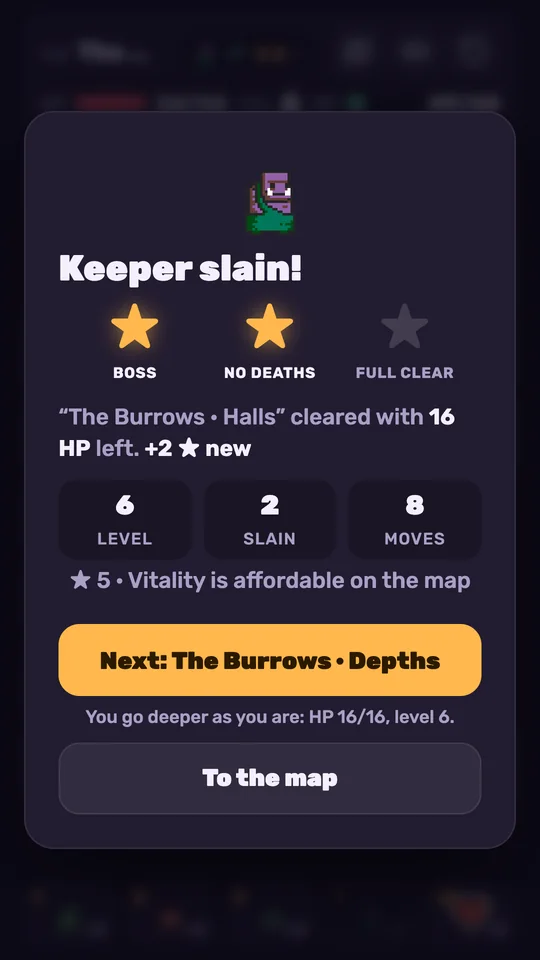 Keeper slain: three stars and the run summary